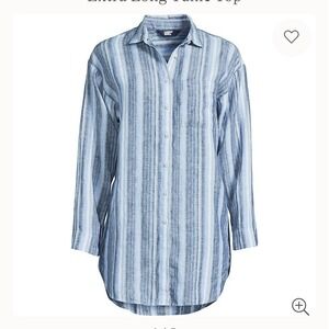 Lands End Women Size Large 14 16 Shirt Tunic Top Button Front Blue Stripe Linen